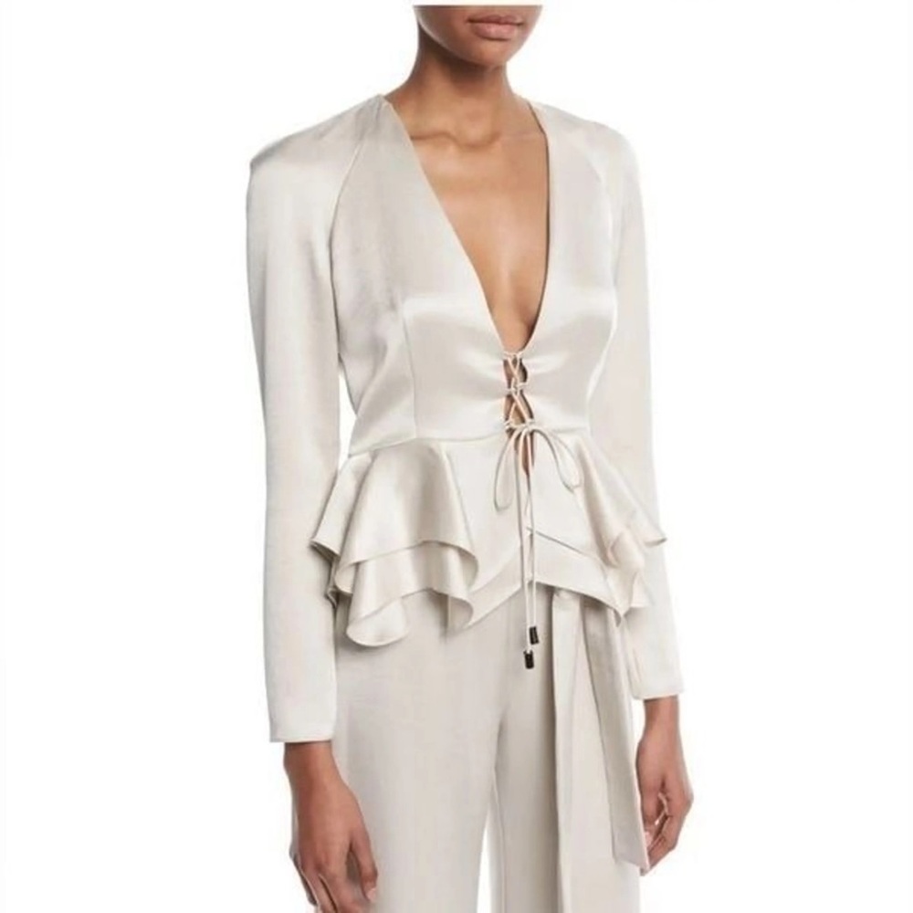 Alexis Blush Gold Satin Peplum Top with Lace-Up Detail, Size XS